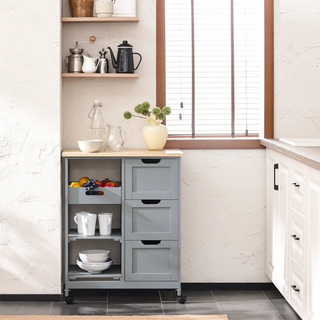Carrello Cucina Credenza da Cucina o Bagno con 3 cassetti e 1 Cestino L68*P38*A85 cm colore grigio FKW79-HG