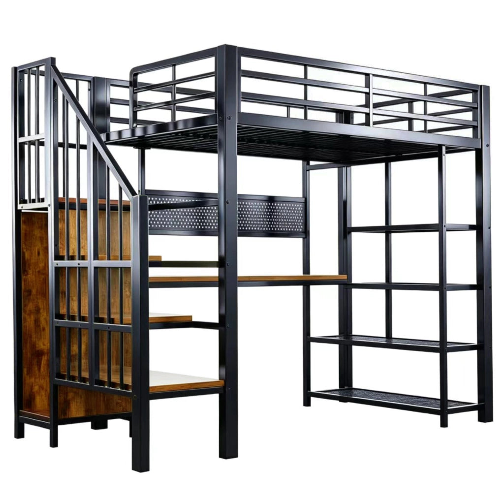 LETTO a soppalco 90x200 cm Nero in metallo e legno con LED e prese