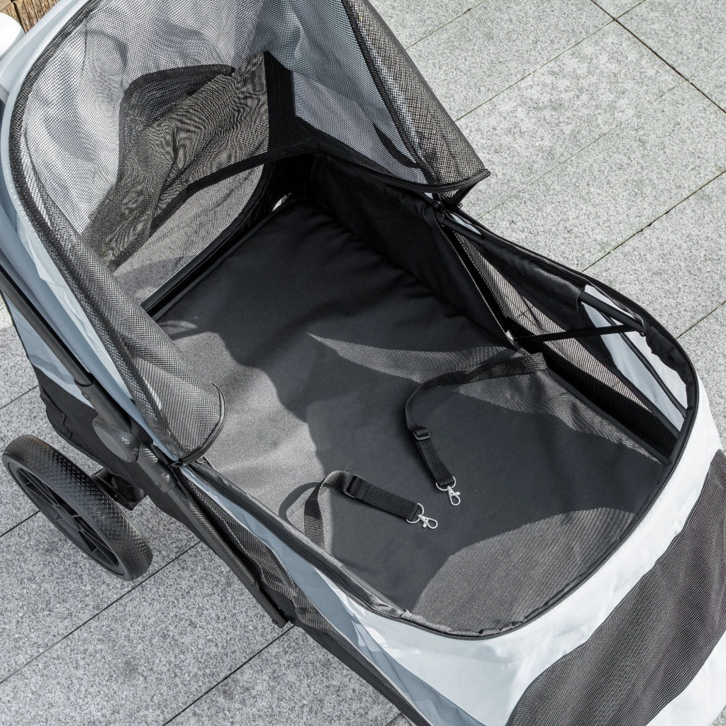 Carrello pieghevole per cani grandi fino a 30 kg con finestrini in rete, freno a pedale e tessuto grigio