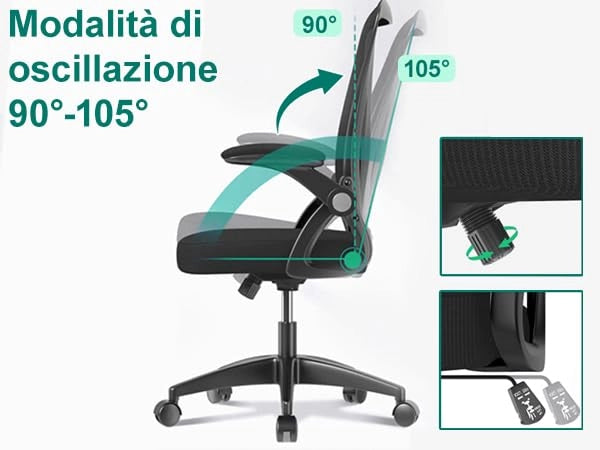 FENIXSHOP24 Sedia da Ufficio Ergonomica con Supporto Lombare, con Braccioli regolabili, Regolazione in Altezza, Poltrona girevole con ruote e rete traspirante – Nera - HLD-1809