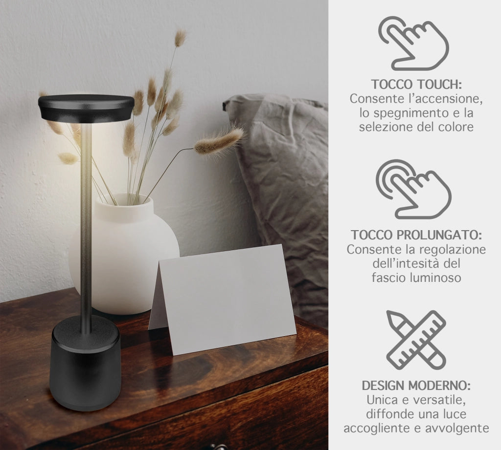 Coppia Di Lampada Da Tavolo LED Set 2 Pezzi Design Moderno Senza Fili Ricaricabile Controllo Touch Selezione Colore Intensità Dimmerabile Altezza Regolabile Con Adattatore Per Bottiglia 3000/4500/600K AbatJour Comodino 2Pz-Reverse-Nero