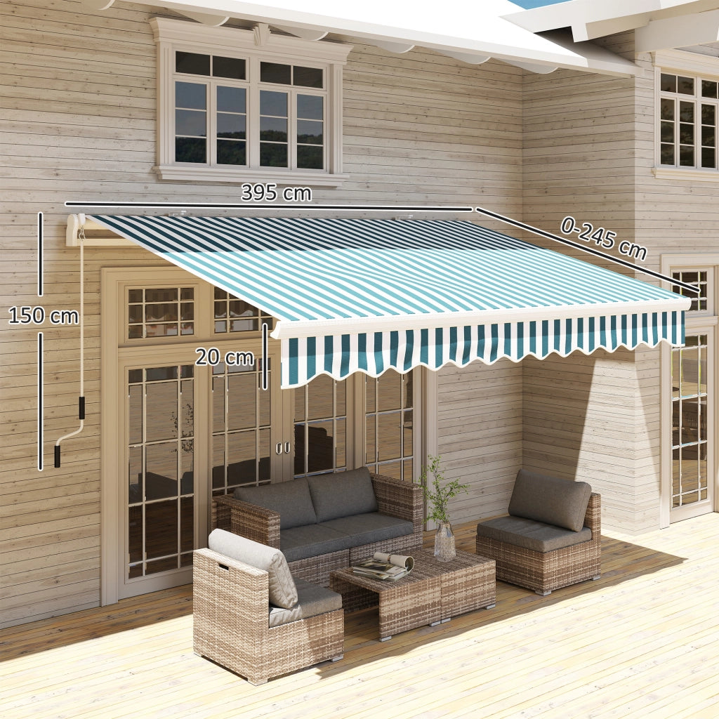 Tenda da Sole a Bracci Avvolgibile a Manovella in Metallo e Alluminio. 4x2.5m. Verde e Bianco