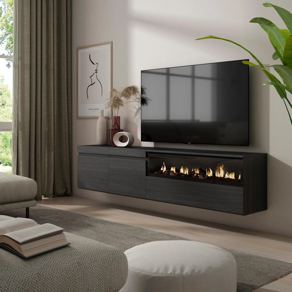 Mobile TV, 200x35x45cm, soggiorno, Per TV fino a 80", Camino elettrico, da appendere, Nero RF2195