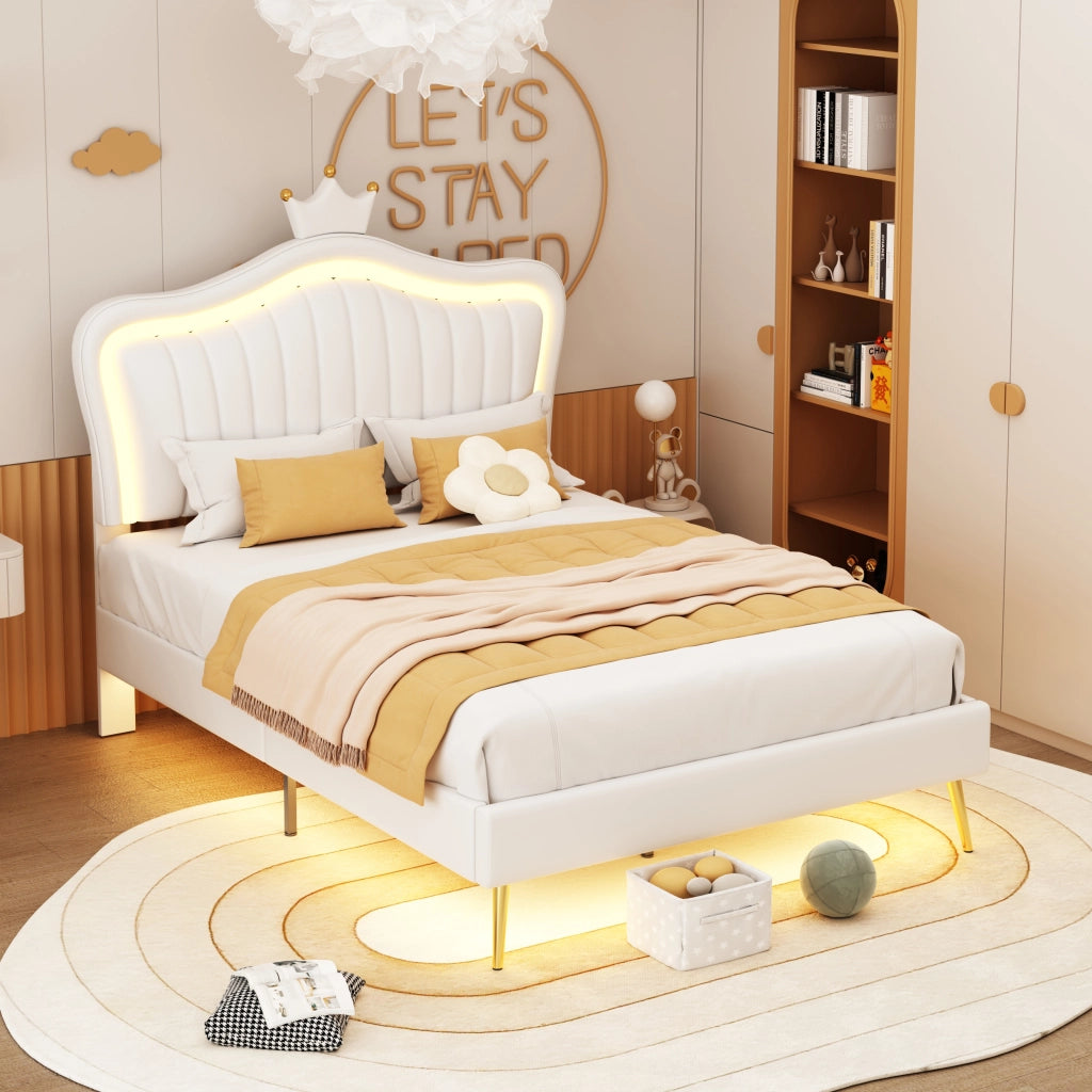 Letto bambino imbottito – 90x200 cm – LED testiera corona – PU bianco