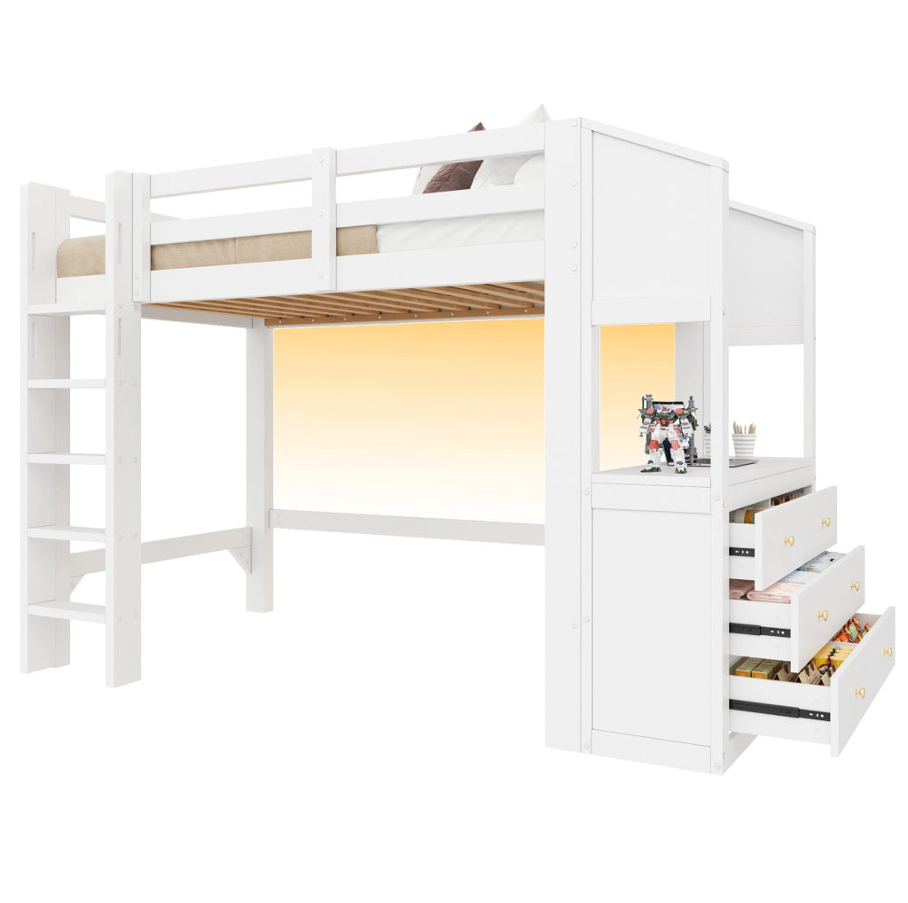 Letto a soppalco 90x200 cm bianco in legno e MDF; 6 cassetti e LED