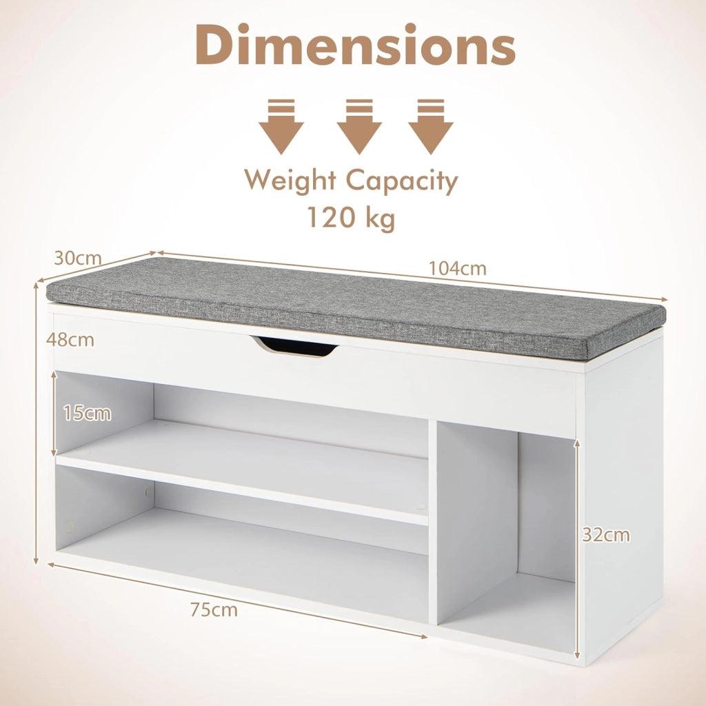 Panca per scarpe con cuscino, cassapanca con vano portaoggetti, 3 scomparti, 2 livelli, scarpiera apribile con coperchio ribaltabile, per corridoio, soggiorno, camera da letto, 104 x 30 x 48