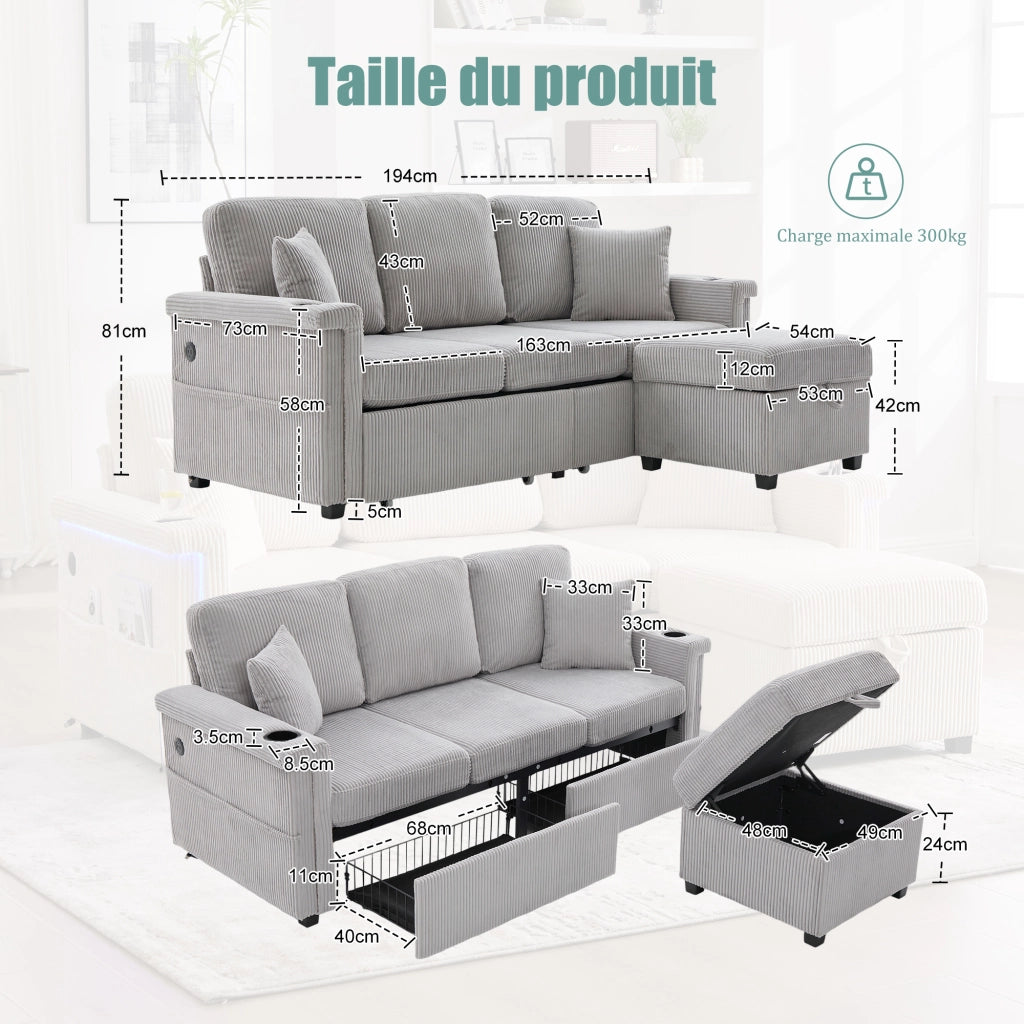 Divano in Velluto con Contenitore, LED e Portabicchieri ¨C MINIMAL ¨C Grigio Chiaro