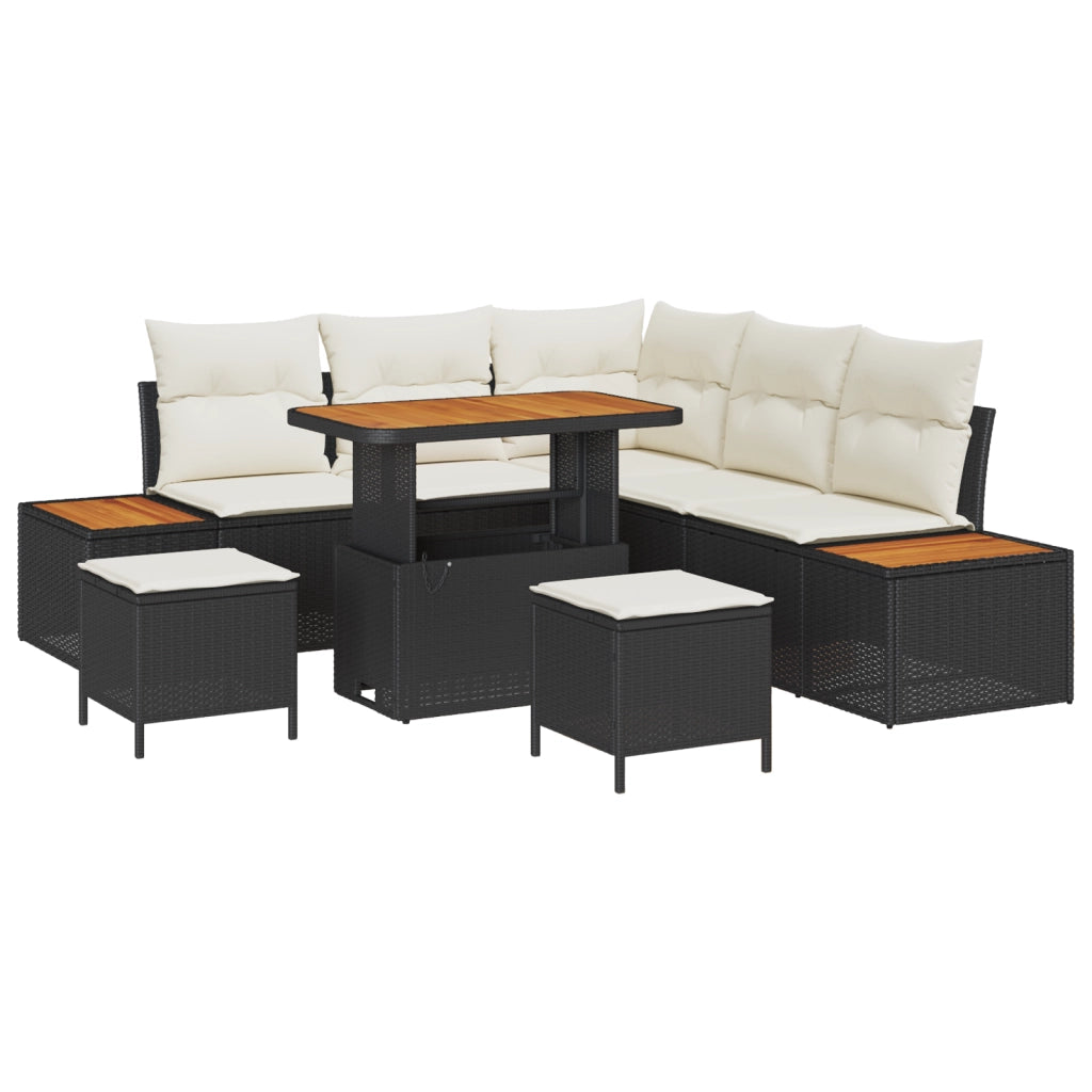 Set di divano da giardino da 8 pezzi con cuscini polyrattan nero acacia