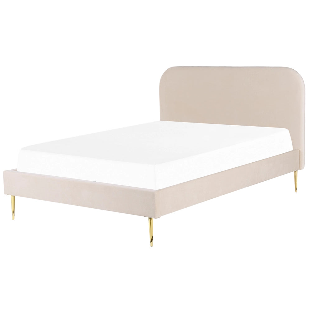 Letto beige velluto tappezzeria doppia dimensione gambe dorate testiera con rete a doghe 140 x 200 cm design minimalista