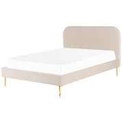 Letto beige velluto tappezzeria doppia dimensione gambe dorate testiera con rete a doghe 140 x 200 cm design minimalista