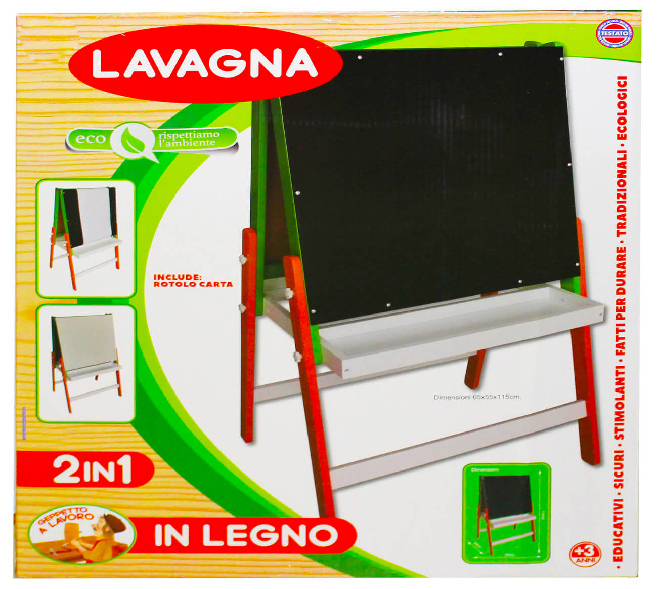 Lavagna 2 in 1 per Bambini 65x55x11 cm con Cavalletto in Legno Rosso