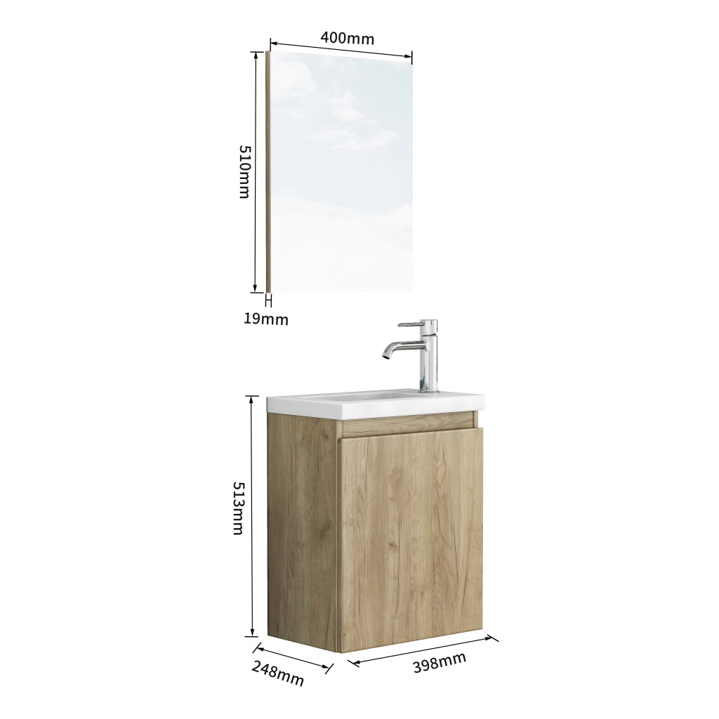 Mobile bagno sospeso con lavabo in ceramica e specchio; chiusura ammortizzata; per bagno; rovere; 45×34×58 cm