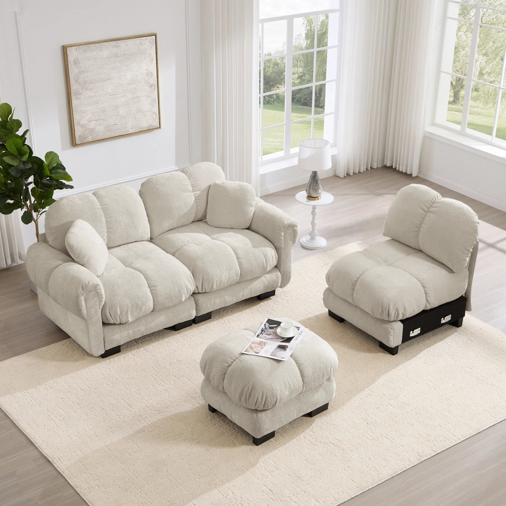 Divano angolare convertibile a 3 posti con cuscini decorativi e chaise longue in chenille beige chiaro