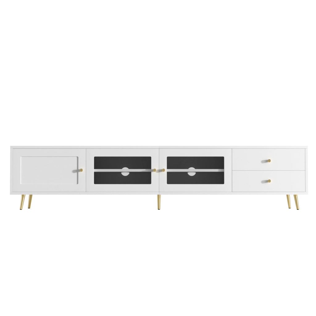 Mobile TV basso moderno con 2 cassetti, 2 ante in vetro e 1 anta, ampio spazio contenitore, bianco, 170¡Á40¡Á28 cm