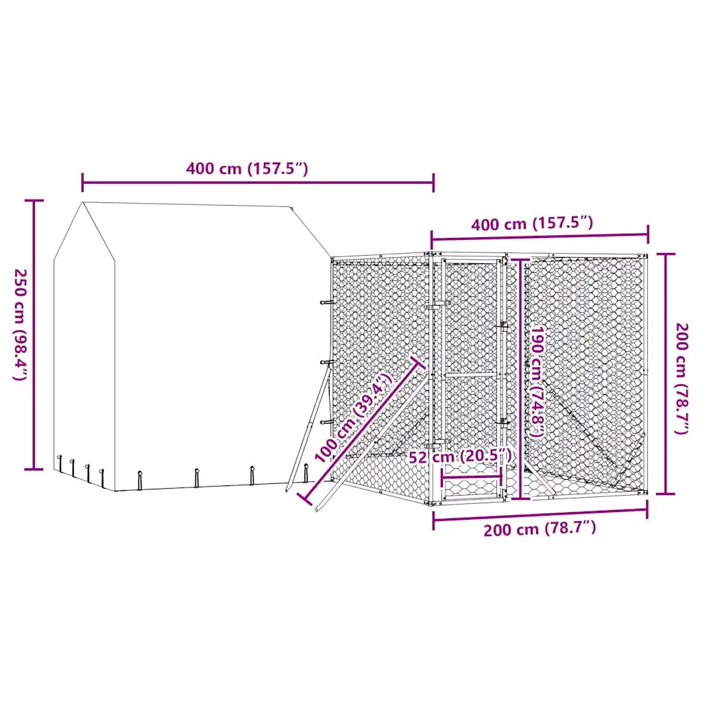 Cuccia Cani da Esterno Tetto Argento 4x4x2,5 m Acciaio Zincato 3190478
