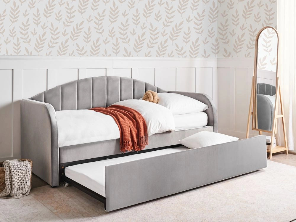 Letto estraibile in velluto grigio 90 x 200 cm con struttura imbottita moderna glamour per la cameretta dei bambini ospiti