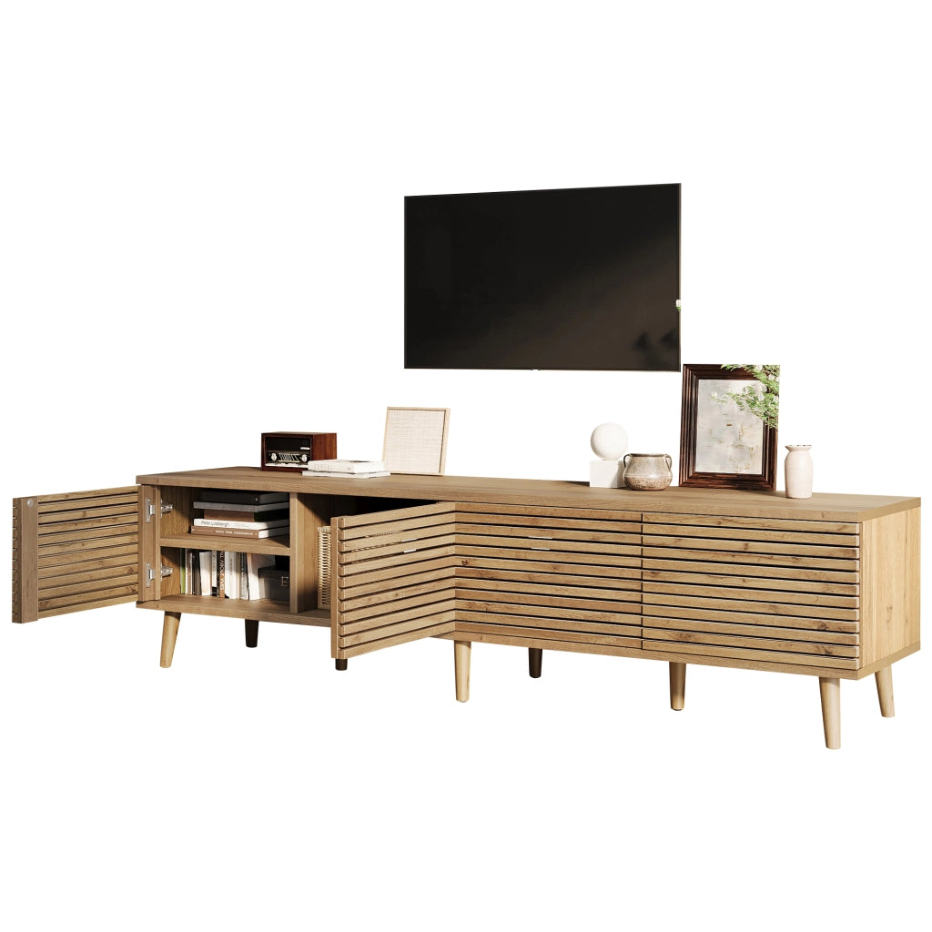 Mobile TV basso in legno naturale per TV fino a 75 pollici, con 4 ante a griglia, 180x40x46 cm
