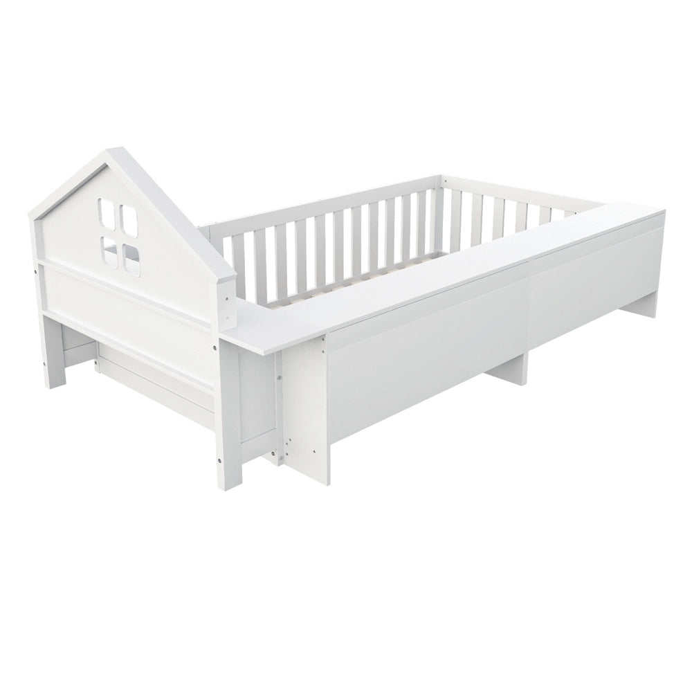Letto bambino-Xylo-90x200 cm-finestra, contenitore, barriera, porta, sicurezza, bianco