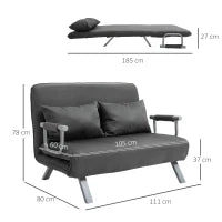 Divano Letto 2 Posti in Similpelle e Acciaio con Seduta Regolabile in 5 Posizioni, 105x80x78 cm, Grigio