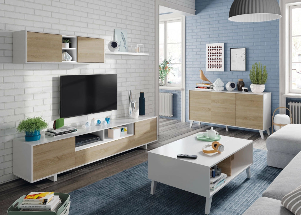Tavolino da salotto Parche, Tavolino da caffÒ¨, Tavolo basso da soggiorno, cm 100x68h38, Bianco lucido e Rovere