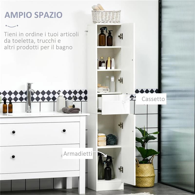 COLONNA BAGNO CON CASSETTO E 2 ARMADIETTI BIANCO LUCIDO, 30X28X170CM