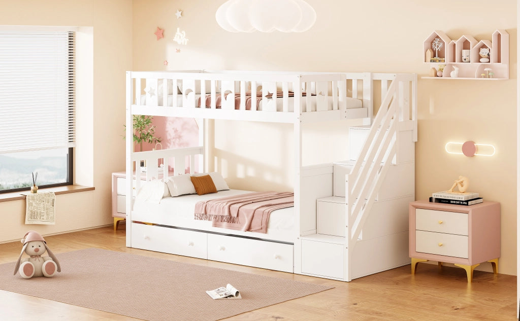 DESMIU Letto a castello per bambini 90 × 200 cm e 90 × 200 cm con scala contenitore, 2 cassetti, senza materasso, bianco