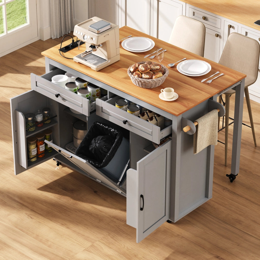 Isola da cucina mobile - Zephmum - Estraibile con piano di lavoro e vano rifiuti, prese integrate, ideale per cucina e sala da pranzo (Grigio)