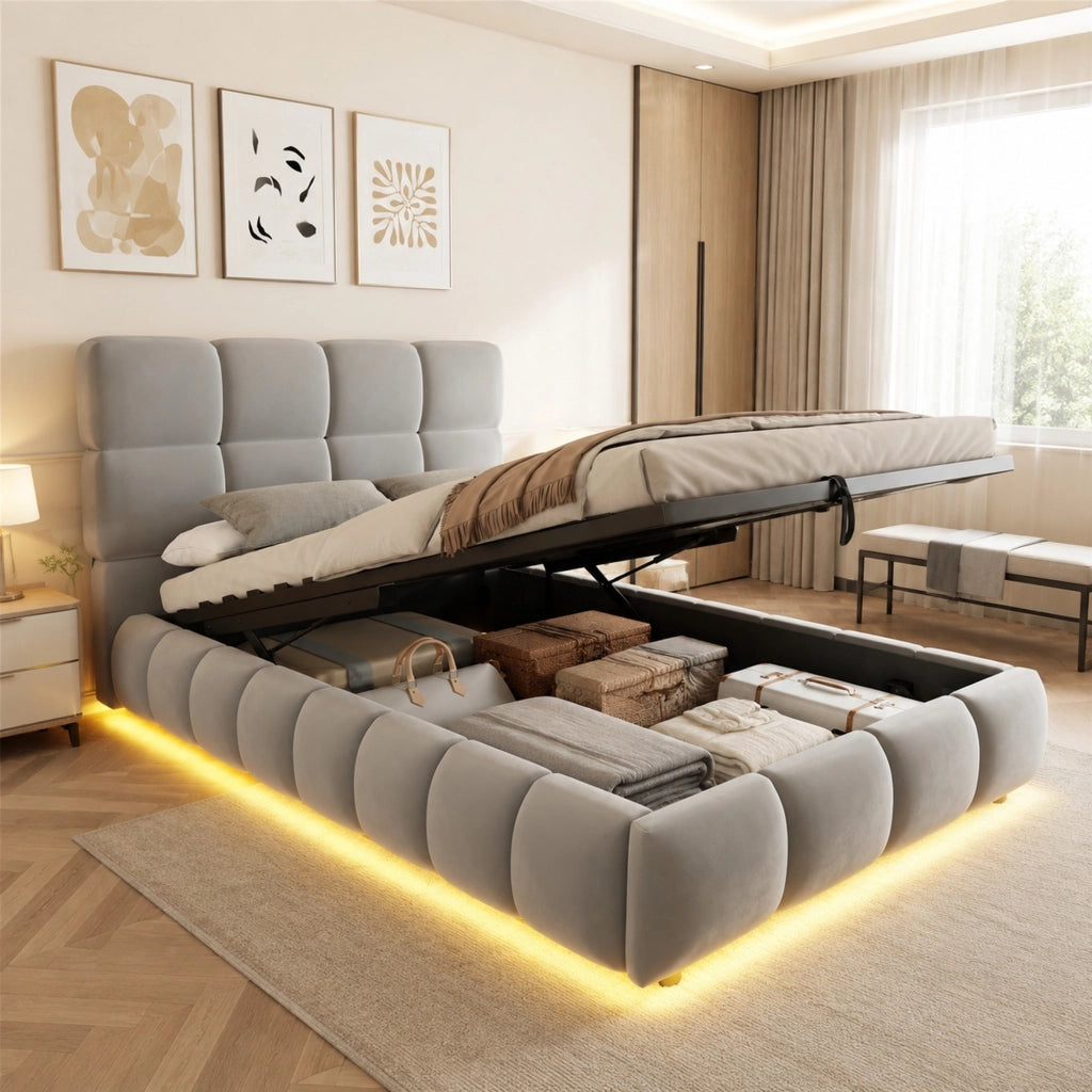 Letto contenitore 90 × 200 cm con sollevamento idraulico LED regolabile velluto grigio e rete a doghe