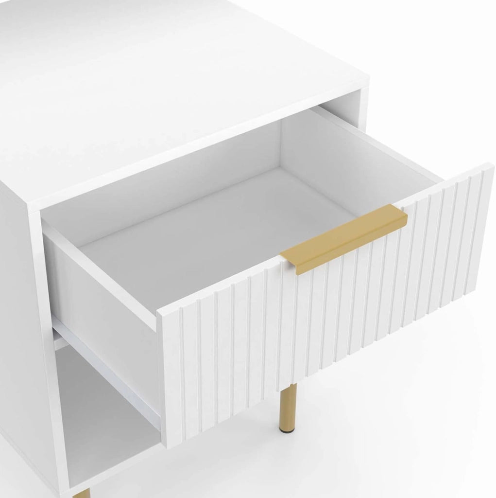 Set di 2 comodini a 1 cassetto Marcel con doghe in Legno Bianco e Oro