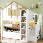LETTO A CASTELLO 90x200+90x200 cm In legno di pino Bianco con scala contenitore