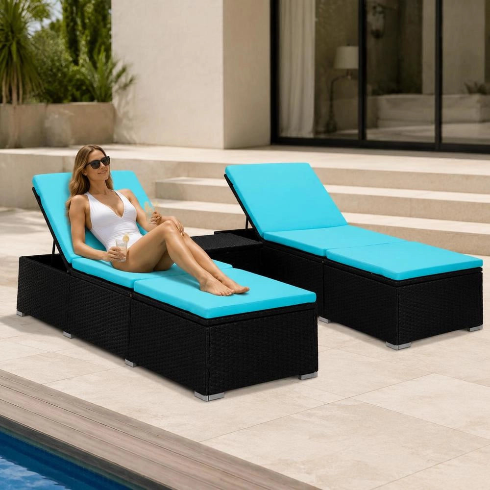 3-piece Garden Sun Loungers With Tea Table, Poly Rattan, Black