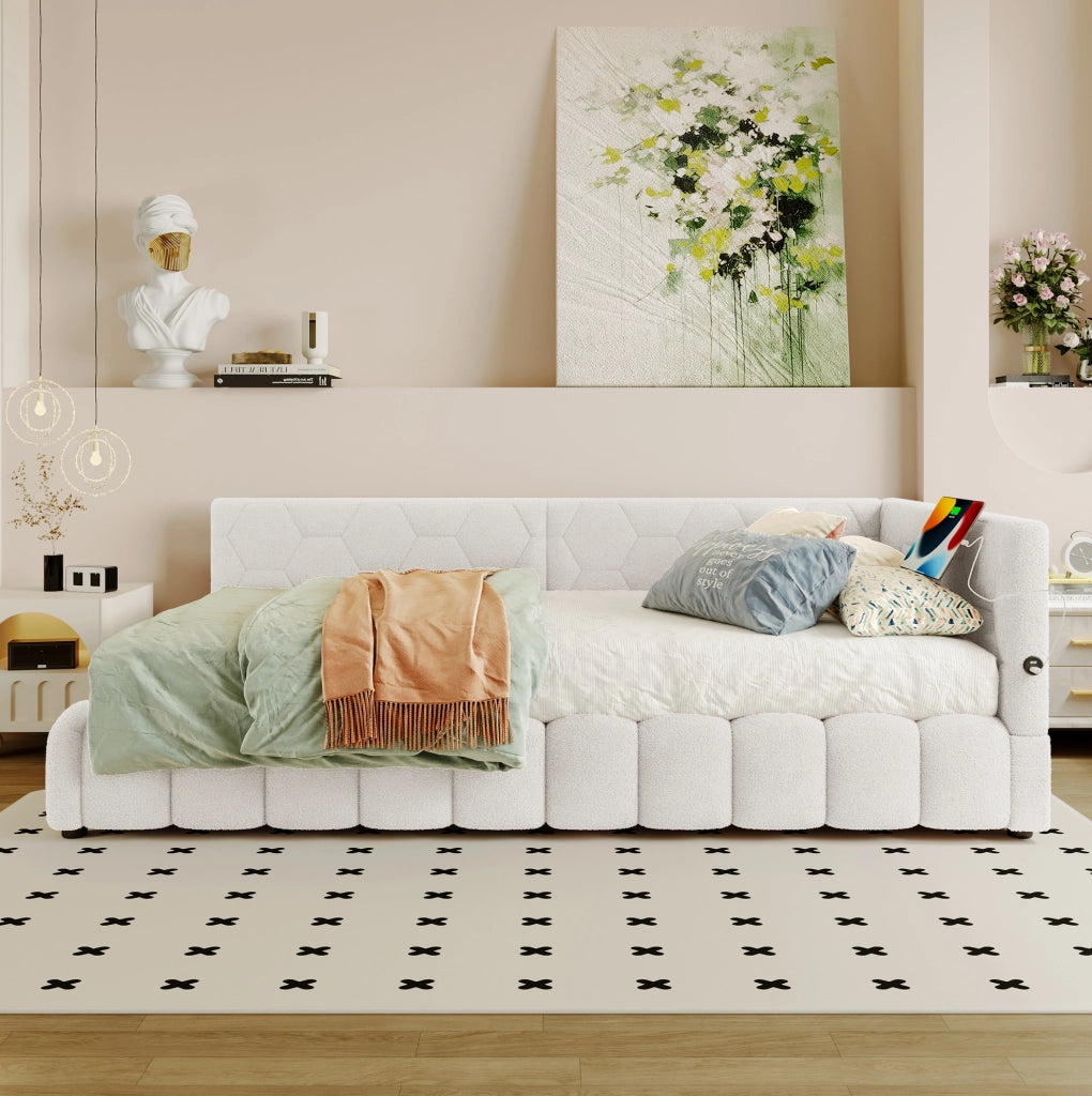 Letto da giorno 90x200 cm con contenitore idraulico, LED, USB e Type-C, bianco