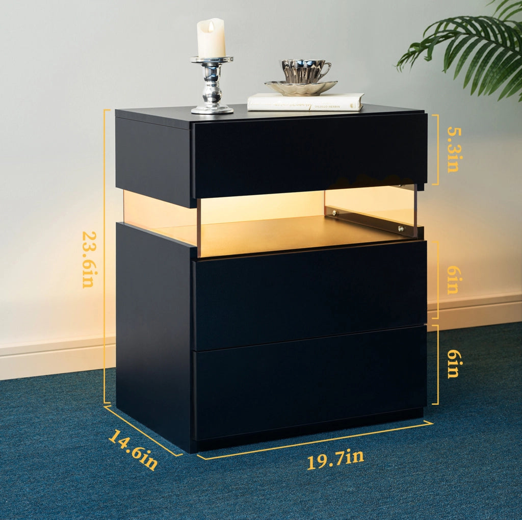 Comodino LED 3 cassetti con pannello acrilico; in legno; nero