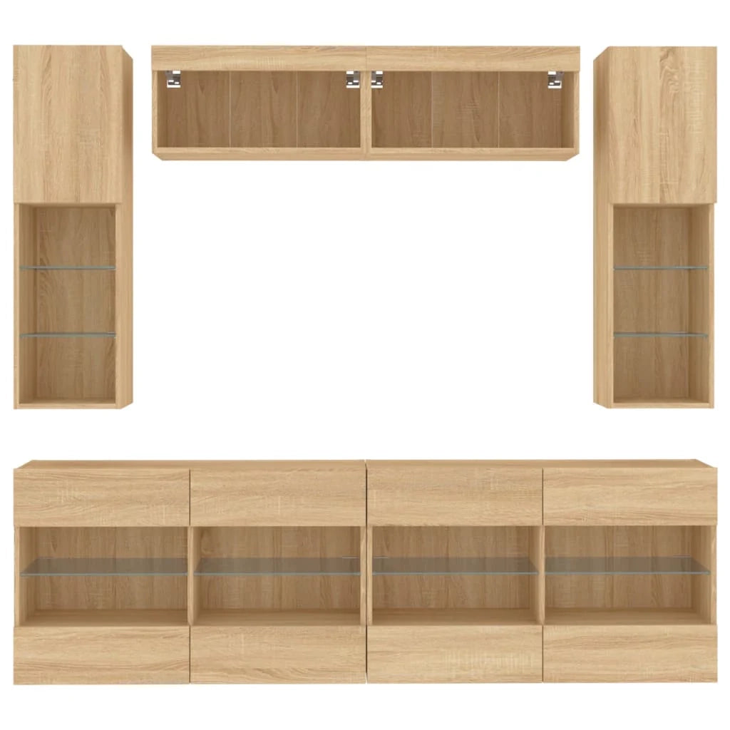 Set di mobili da 6 pezzi comprensivo di armadio credenza mobile TV per soggiorno camera da letto e sala da pranzo con luci a LED finitura rovere marrone Sonoma 02_0025355