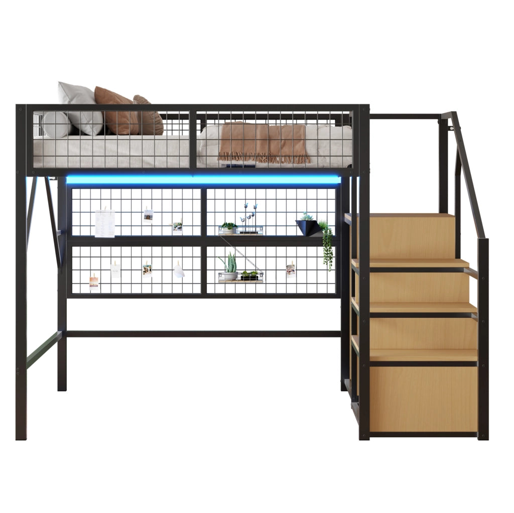 Letto a soppalco 140x200 cm in metallo con scala contenitore e LED; nero