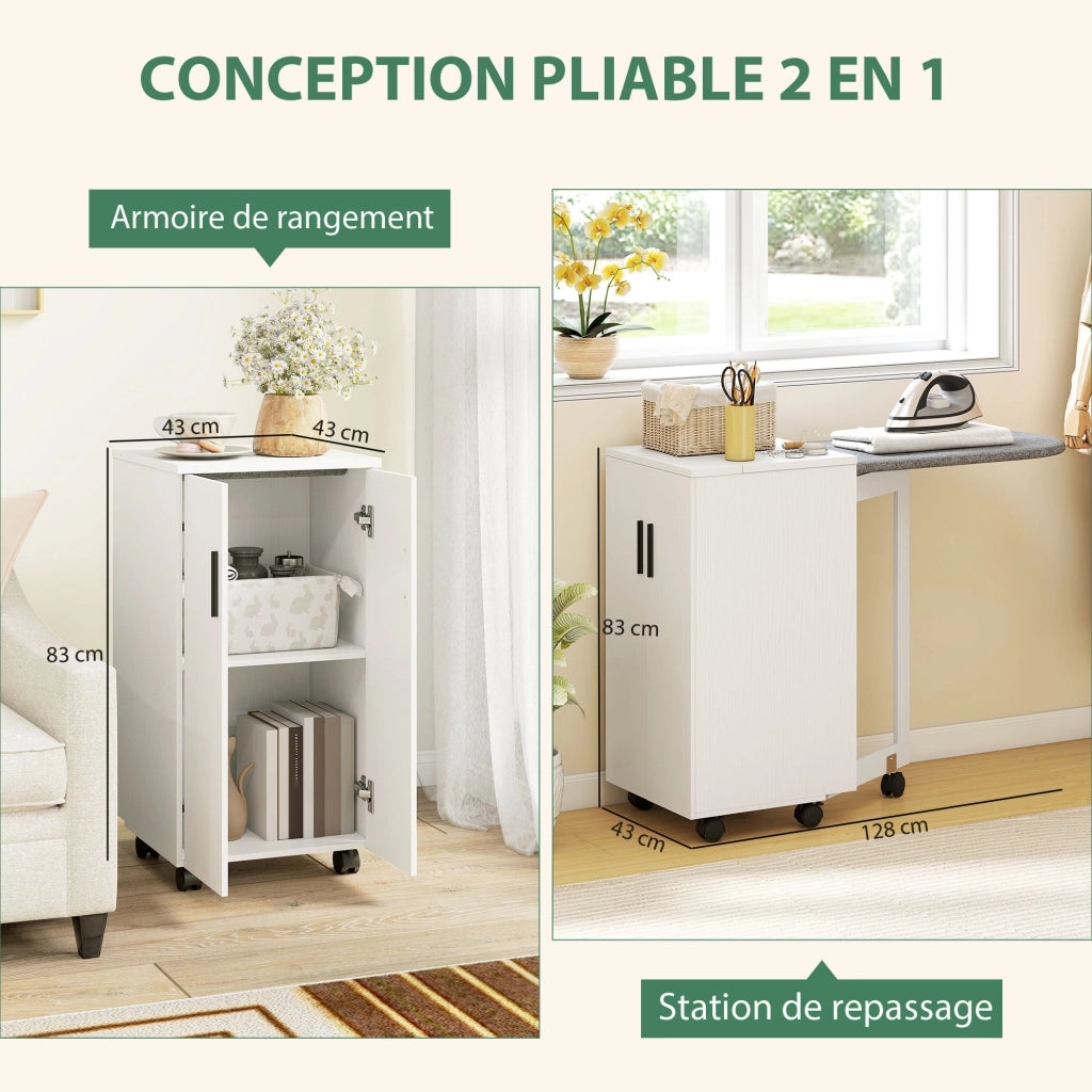 Tavolo da stiro pieghevole con ruote e ripiano regolabile ¨C zephmum ¨C bianco
