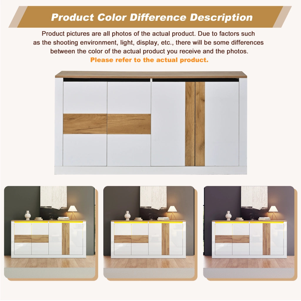 Credenza e madia con 4 ante, ripiani regolabili e LED RGB, per soggiorno e ingresso, in MDF, bianco, 140 × 35 × 70 cm