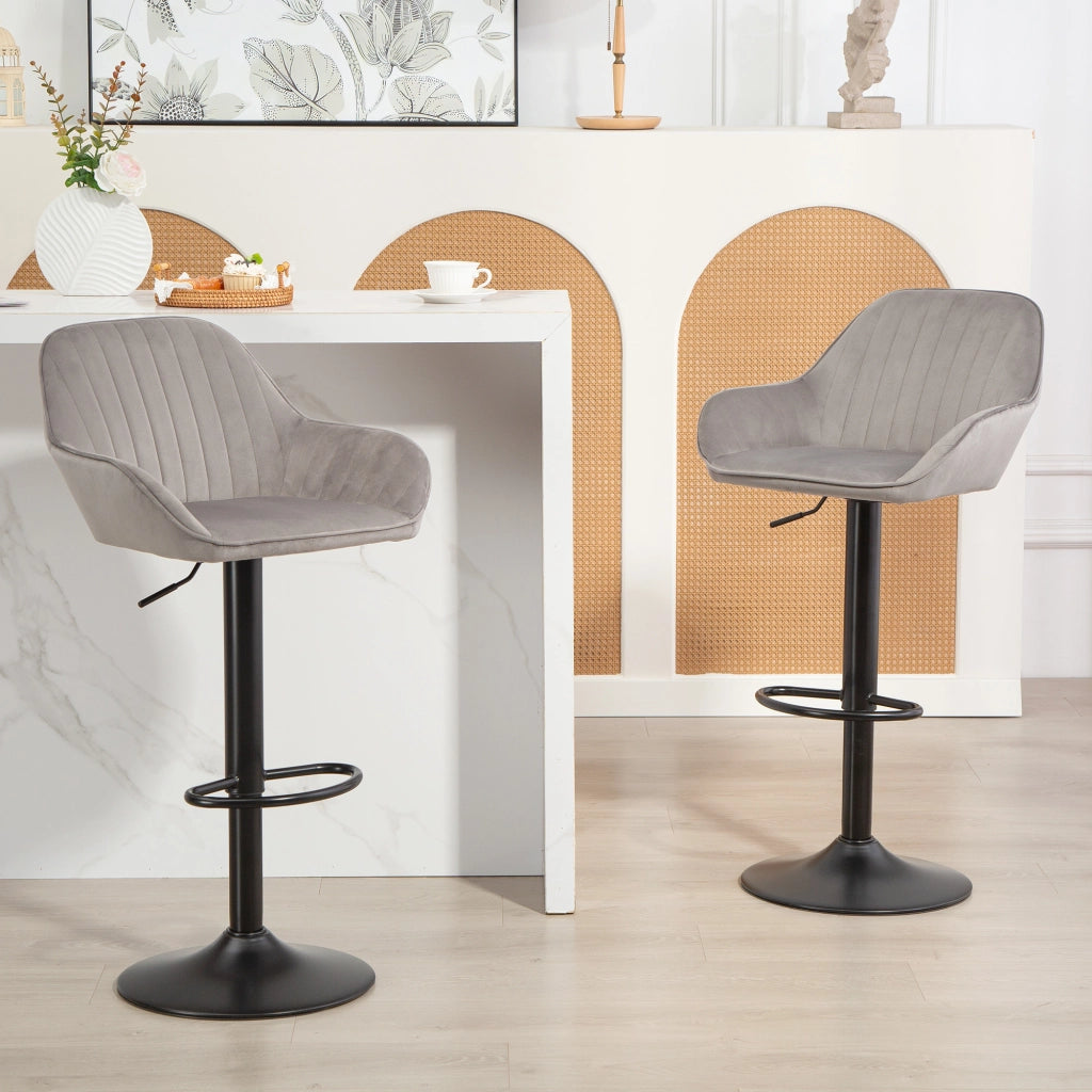 Sgabello da bar in velluto con schienale, poggiapiedi e altezza regolabile ¨C Minimal ¨C Grigio