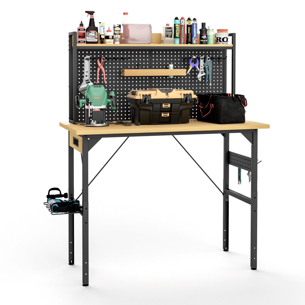 Banco da lavoro regolabile con ruote e prese - per garage - 120×60×125.5 cm - nero