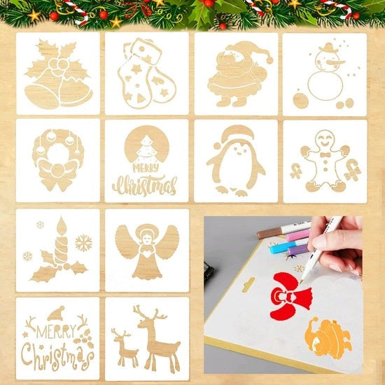 ONF3 - Set di stencil natalizi - 12 pezzi stencil pittorici - Riciclabile - Compatta - Per scrapbooking - Adatta per bambini