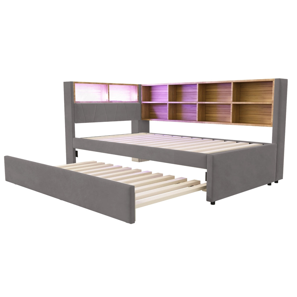 Divano letto multifunzione 90x200 cm con letto estraibile 90x190 cm; LED; USB e vano portaoggetti; grigio scuro