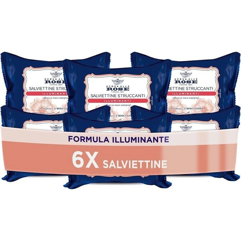 ACQUA ALLE ROSE SET 6 PACCHI DI SALVIETTINE STRUCCANTI ILLUMINANTI VITAMINA C DI ROSA CANINA VISO OCCHI E LABBRA 120 SALVIETTE