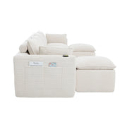 Divano modulare 4 posti con pouf, tessuto a coste beige, cuscini, portabicchieri e tasche laterali