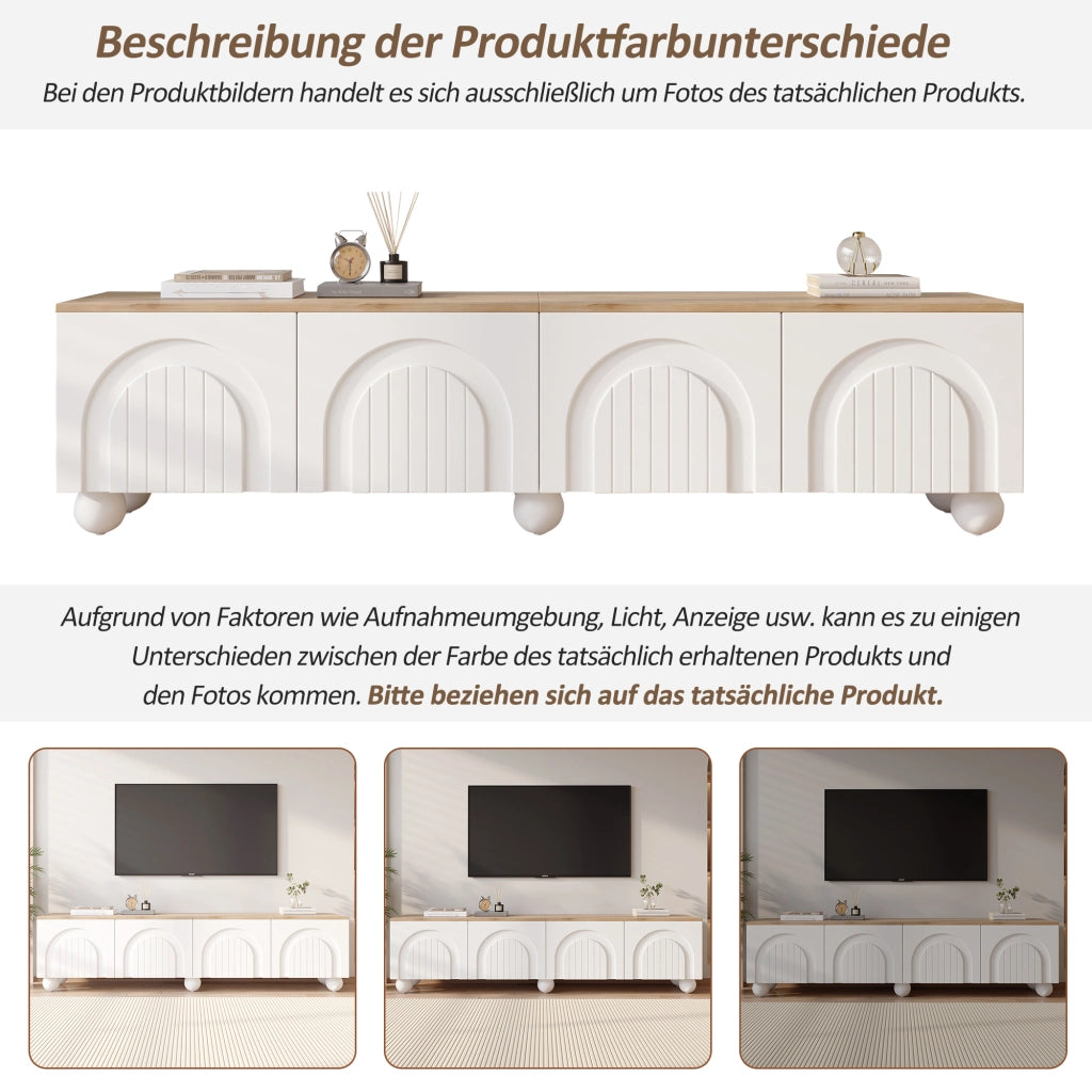 Mobile porta tv con 4 ante e 6 gambe metalliche, design con scanalature, mdf bianco e legno, 180 × 40 × 45 cm