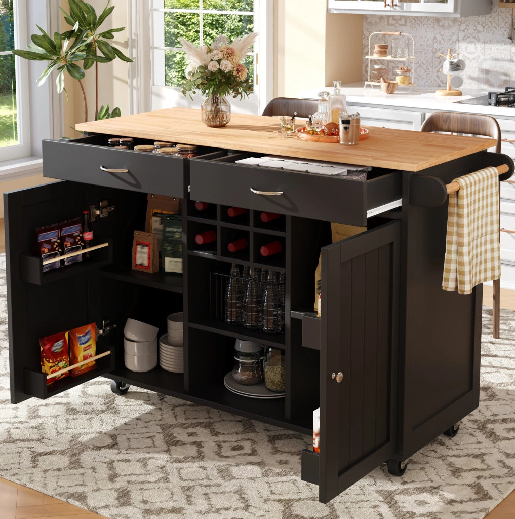 Isola da cucina mobile con portabottiglie, nera, 102×45×92 cm