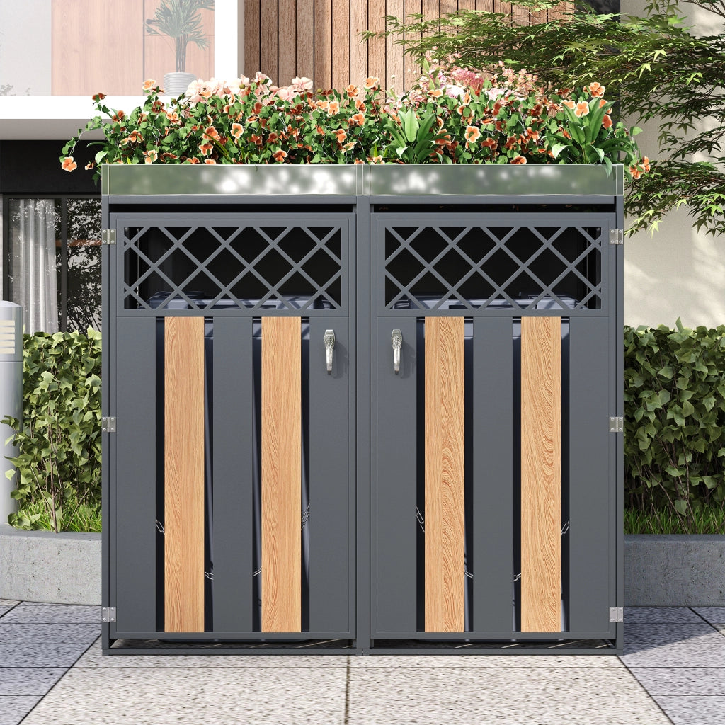 Armadio portacassonetti con fioriera in acciaio grigio e legno 132 × 80 × 124,5 cm