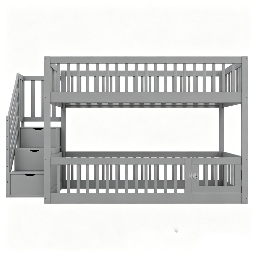 Letto a castello 140x200 cm con scala contenitore e letto inferiore apribile in legno grigio