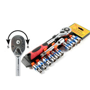 Trade Shop - Serie Chiave A Cricchetto Reversibile 1/2" Kit Da 11pz Con Bussole Esagonali -