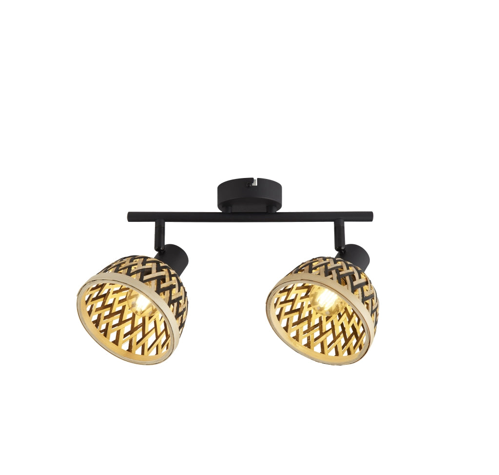 Plafoniera Industrial-Nordico Lancia Acciaio Nero Legno Marrone 2 Luci E14