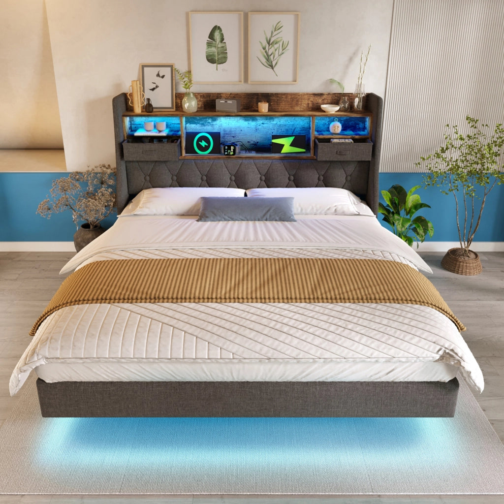 Letto imbottito 140x200 cm grigio con LED, ricarica USB/Type-C e contenitore